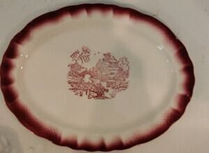 Vtg. Red And White Asian Small Platter Transferware 11"×9" Traditional Decor